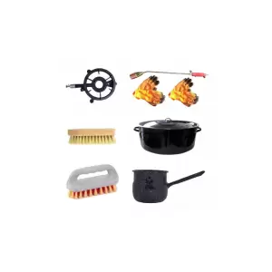Arzator Porc pe gaz + Ibric bombat, Emailat, Negru, 1L + Cratita emailata cu capac 50L + Pirostrie (arzator exterior) rotunda + 2 x Manusi vatuite + 2 x Perie Porc