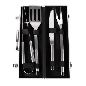 Ustensile gratar, set 4 piese cu diplomat de aluminiu